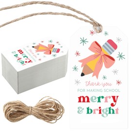 Fuyoooo 100 Pcs Christmas Presents Tags Thank You Merry & Bright Christmas Tags Xmas Appreciation Gift Labels with String for Xmas Holiday Teachers Classmates Gift Wrapping Decor