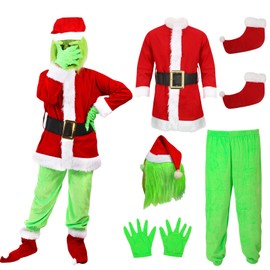 AENEY Green Monster Costume Kids, 6 Pack Santa Claus Suits Christmas Costumes Cosplay Party Carnival Outfits For Boys Girls (L)