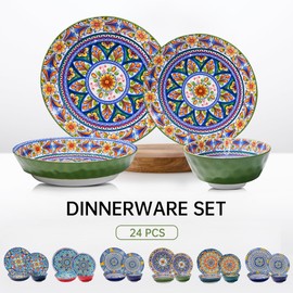 24 Pieces Dinnerware Sets, Plates and Bowls Set,Porcelain Dishes Set for 6, Microwave and Dishwasher Safe, Scratch Resistant, Bohemian Style Dining Ware Service (24 Pcs Service for 6)