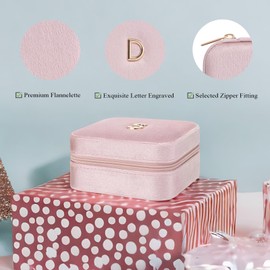 Vlando Small Travel Jewelry Box Organizer Display Case for Rings Earrings Necklaces Storage, Selected Soft Velvet, Letter D Engraved, Pink