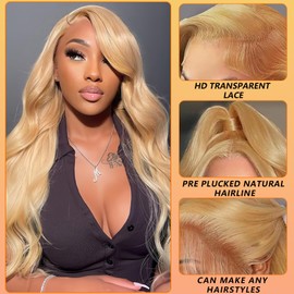 QGVQGV 24 Inch Honey Blonde HD Lace Front Wig Human Hair Pre Plucked 200 Density 13x6 Body Wave Honey Blonde Wig Human Hair 27# Colored Wigs Lace Frontal Wigs