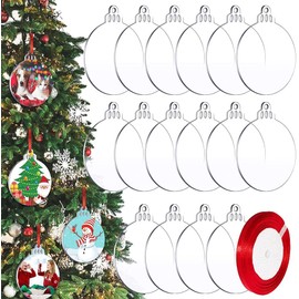 Christmas Acrylic Baubles Blanks, 18 Pcs 3 Inch/7.5 cm Clear Round Acrylic Hanging Christmas Tree Decoration Ornament Bauble DIY Blank with Red Ribbon