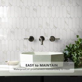 Vamos Tile Glossy White Marble Backsplash Tile Peel and Stick, 12.8 x 12.8 Inch 10 Sheets Long Hexagon PVC Self Adhesive Mosaic Wall Tiles Stick on Backsplash for Kitchen and Bathroom