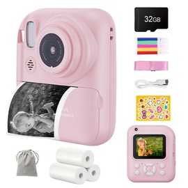 Instant Print Digital Camera Printer - Compact Outdoor Mini Camera with Flash, 1080P FHD, Cartoon Photo Printer and Print Paper - Color: Pink