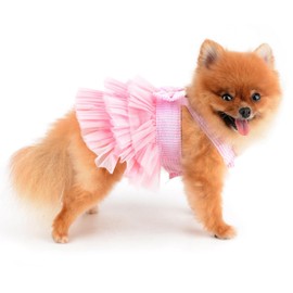 PAIDEFUL Small Dog Dress Striped Denim Organza Bow Beads Tutu Skirt Summer Soft Comfortable Breathable Puppy Clothes Sleeveless Button Kitten Apparel, Pink, M