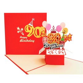iGifts And Cards Happy 90th Red Birthday Party Box 3D Pop Up Greeting Card – Ninety, Awesome, Balloons, Unique, Celebration, Feliz Cumpleaños, Fun, Mom, Dad