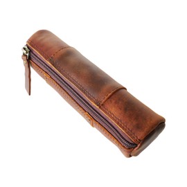 Genuine Vintage Leather Pencil Case Pouch Pen Holder with Zipper Closure Brush Organizer Art Painting Supplies Office Marker Box Ruler Stationery Gift for Students Artist Painter & Writer Colleague