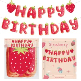 SKIRUP Strawberry Happy Birthday Banner Strawberry Birthday Party Decorations Baby Shower Summer Fruit Birthday Party