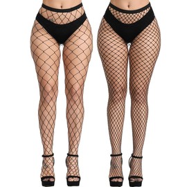 Women High Waist Tights Fishnet Stockings Stretchy Thigh High Stockings Pantyhose,Black(2 Pairs)