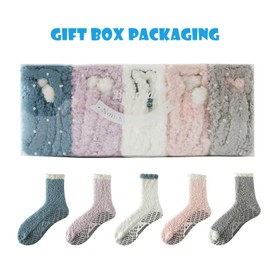 Bulinlulu Fuzzy Socks With Grips for Women 5-Pairs Non Slip Sleep Warm Fluffy Slipper Socks with Grippers for women(Blue+Grey+Purple+Pink+White)