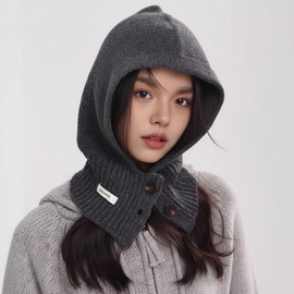 Ruanrae 100% Wool Button Balaclava Neck Warmer Hood Scarf Winter Knit Hat for Hiking & Golf Running Mask Dark Gray