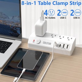 Desk Clamp Power Strip with PD 20W Fast Charging, COLSTAR Flat Plug Extension Cord 10 FT, Desk Mount Power Strip Surge Protector with 4 AC Outlet 4 USB Ports, Fit 1.8" Tabletop Edge (White)