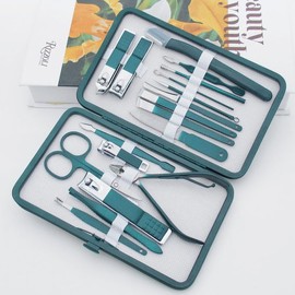 Gabu Green Leather 18 in 1 Stainless Steel Professional Manicure Pedicure Set - Portable Travel Grooming Kit for Men and Women - Complete Nail, Cuticle, and Facial Care