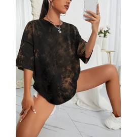 SOFIA'S CHOICE Women's Oversized T Shirts Round Neck Tie Dye Short Sleeve Shirts Black Brown Tieydye XX-Large
