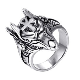 PAURO Men's Ankh Cross Anubis Wolf Head Ring Stainless Steel, Stainless Steel