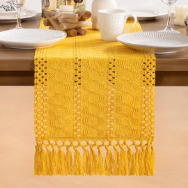 MLMW Gold Table Runner 60 inches Boho Home Decor Easter Dresser Runner Farmhouse Rustic Coffee Table Centerpiece with Tassels for Spring Living Room Dining Room Bedroom