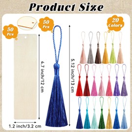 50 Pcs Wooden Bookmarks, Unfinished Wooden Bookmarks with 50 Pcs Tassels, DIY Blank Wood Bookmark for DIY Art Crafts, Birthday Gifts, Christmas Party Decoration (Rectangular Shape)