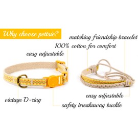 Pettsie Cat Collar Breakaway Safety and Friendship Bracelet for You, Durable 100% Cotton for Extra Safety, Comfortable and Soft, D-Ring for Accessories, Gift Box Included (7.5"-11.5" Neck, Yellow)