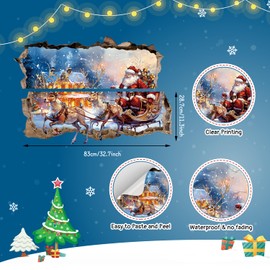 HLNIUC Christmas Wall Sticker 3D Crack 35”x24”Santa Sleigh Wall Decal Large Christmas Window Cling Santa Claus Oil Painting Room Sticker 3D Broken Wall Winter Wall Decor Xmas Elk Room Decals for House