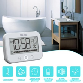 ALEENFOON Digital Bathroom Clock, IP54 Waterproof Shower Clock with Temperature & Humidity, 99 Minutes Countdown Timer with Alarm, Large LCD Timer with 2 Sticky Hooks and 2 Suction Cups