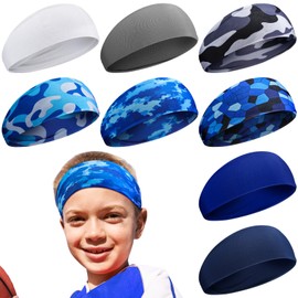 Haull 8 Pcs Sweatbands for Kids Boys Headbands Athletic Baseball Football Headbands Breathable Elastic for Sports Exercise(Chic Style)