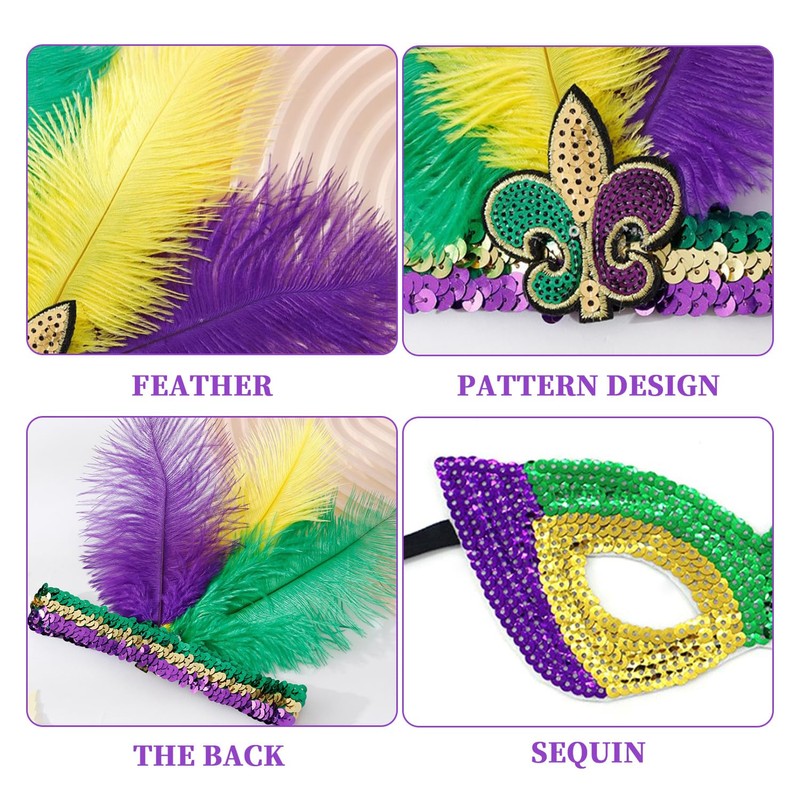 2 Pieces Sequin Feather Hairbands, 2 Pieces Masks, Creative Color