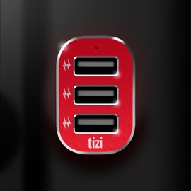 tizi Turbolader 3X MEGA (7,2A, Monza Rot Edition), 3-Fach USB-Auto-Ladegerät mit hochwertigem Alukopf