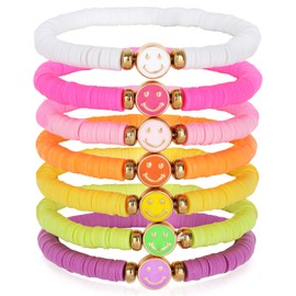 Candy Color Heishi Surfer Bracelets Set for Women Stackable Clay Beaded Bracelets Disc Stretch Smiley Face Preppy Bracelets Colorful Friendship Bracelets Cheer Bulk Boho Summer Beach Jewelry Gift, 7.5