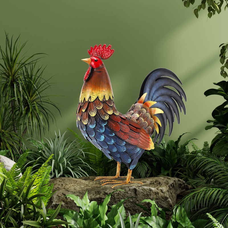chisheen Rooster Decor Garden Statue Metal Chicken Yard Art Sculpture