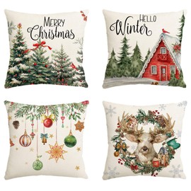 Avezano Christmas Winter Cushion Covers 45 x 45 cm Deer Xmas Tree Cushion Covers Christmas Holiday Farmhouse Pillow Covers for Sofa Couch Bed Home Decorations Set of 4