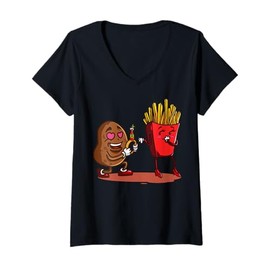 Womens Cartoon Characters Food For Kids Fun Fast Food V-Neck T-Shirt
