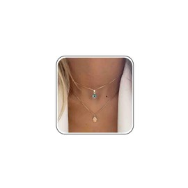 Boho Petite Evil Eye Necklace Layered Gold Necklace for Women Blue Evil Eye Choker Hamsa Necklace Cute Evil Eye Pendant Necklace Simple Thin Box Chain Necklace Jewellery, Zinc