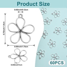 60 PCS Flower Charms Hollow Open Back Bezel Charms Silver Flower Charm for Jewelry Making Jewelry Connectors Alloy Vintage Mini Spring Blossom Open Frame Back Bezel for Women DIY Bracelets Craft