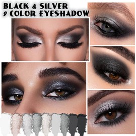Black Silver Gray Smokey Eyeshadow Palette,Black and White and Sparkly Eye Shadow,Highly Pigmented Black Smokey Radiance Eyeshadow Palette,Long Lasting Waterproof Blendable Womens Eyeshadow Dark