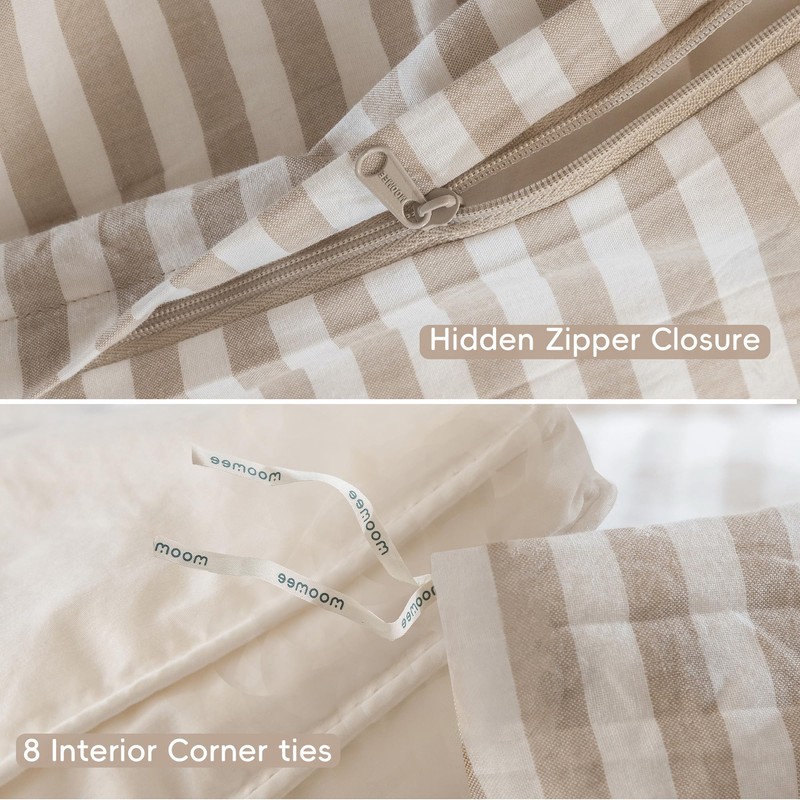 MooMee Striped Duvet Cover Set 100% Washed Cotton Linen Like