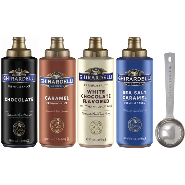 Ghirardelli - Caramel, Chocolate, White Chocolate and Sea Salt Caramel Flavored Sauce (Set of 4) - with Limited Edition Measuring Spoon