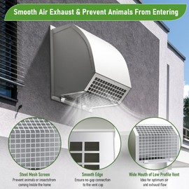 6 Inch Hooded Wall Vent with Damper&Screen, Wall Exhaust Vent Cover Cap, White Dryer Cover Outside, External Extractor Covers Hood for Residential Housing Kitchen Range Hood Air Ventilation