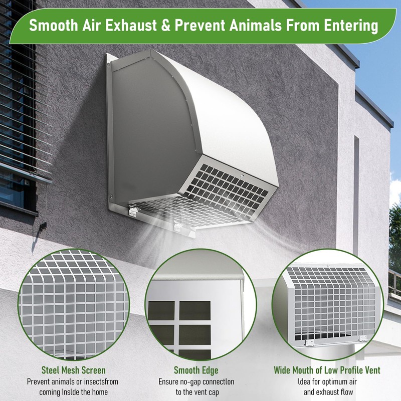 6 Inch Hooded Wall Vent with Damper&Screen, Wall Exhaust Vent