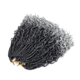 Goddess Box Braids Crochet Hair 14 Inch 8 Packs Pre-looped Bohomian Crochet Box Braids Curly Ends 3X Gray Crochet Braids for Women Synthetic Braiding Hair Extension (1B/Grey)