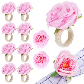 Flower Napkin Rings Set of 12 - Pink Peony Farmhouse Napkin Holder Rings Floral Table Decorations for Wedding Banquet, Fall, Luncheons, Picnics, Thanksgiving, Christmas Party and Daily Use