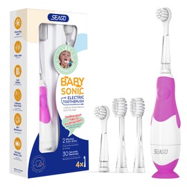 SEAGO Toddler Electric Toothbrushes for Baby Ages 0-3 Years, Baby Toothbrush with Smart Timer and Sucker Base, 4 Replacement Brushheads (Purple-C)
