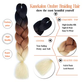 Kanekalon Ombre Braiding Hair Extensions, Jumbo Braiding Hair Extensions, 24 Inch (61 cm) Braiding Hair, Synthetic Hair for Crochet Twist (C15-6 Pack)
