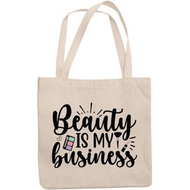 12oz Canvas Tote Bag - Beauty Is My Business with Eyeshadow Palette, Brush & Pink Lipstick Design - Beauty Themed Merch for Makeup Artist or Cosmetologist, Gift for Makeup Lovers & Beauticians