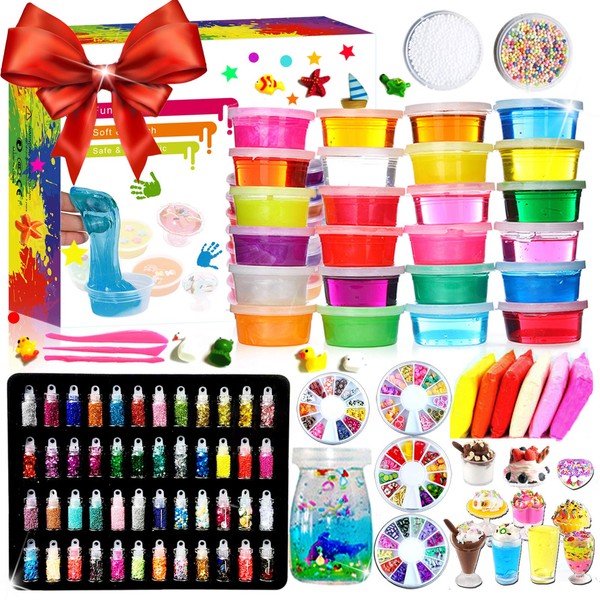 DIY Crystal Slime Kit – Slime kits for Girls Boys Toys with 48 Glitter Powder,Clear Slime Supplies for Kids Art Craft,Includes Air Dry Clay, Fruit Slice and Tools,Squeeze Stress Relief Toy (24 Colors)