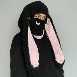 XKCL Bunny Hat - Knit Plush Bunny Long Ears Fluffy Cosplay Party Hat (Black Pink)