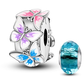 HappyStar 925 Sterling Silver Stopper Beads with 5A Cubic Zirconia Clip Charms for Bracelets Space Bead Christmas's Day Gifts for Women(With One Space Bead)