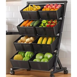 4 Tier Metal Storage Orgainzer Rack with 8 Detachable Cube Baskets Kitchen Pantry Fruit Floor Stand Rolling Utility Cart Multi-Layer Storage Shelf with Wheels(Black)