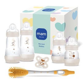 MAM Easy Start Anti-Colic Newborn Set | 0+ Mon | Baby Bottle Set | 94% Acceptance | 96% Midwife Recommendation | 80% Less Colic | 4 Drinking Bottles, 1 Original Dummy & 1 Soft Brush | Beige