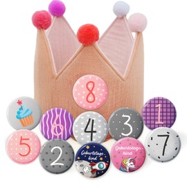 Sugeru Muslin Birthday Crown with Numbers, Boys’, Girls’, Children's Birthday Party Decoration, Party Hat, with Number Buttons from 1–8, Pink