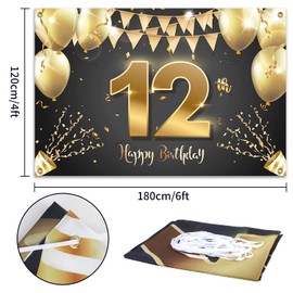 HAMIGAR 6x4ft Happy 12th Birthday Banner Backdrop - 12 Years Old Birthday Decorations Party Supplies for Girls Boys - Black Gold